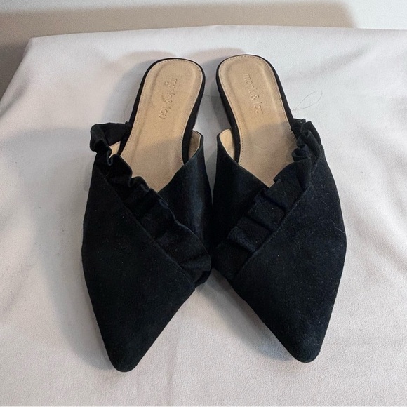 MONK & LOU Sz 39 Pointy Toe Mules Suede Leather Pointy Ruffles Slip On Slides - Picture 2 of 7